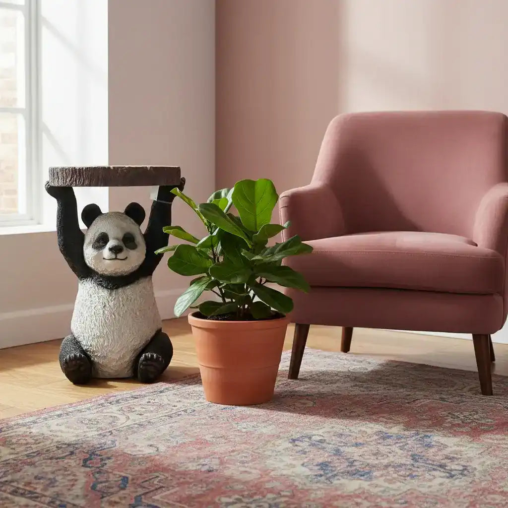 Decorative panda figurine holding a plant next to a pink armchair in a room with a rug and window.