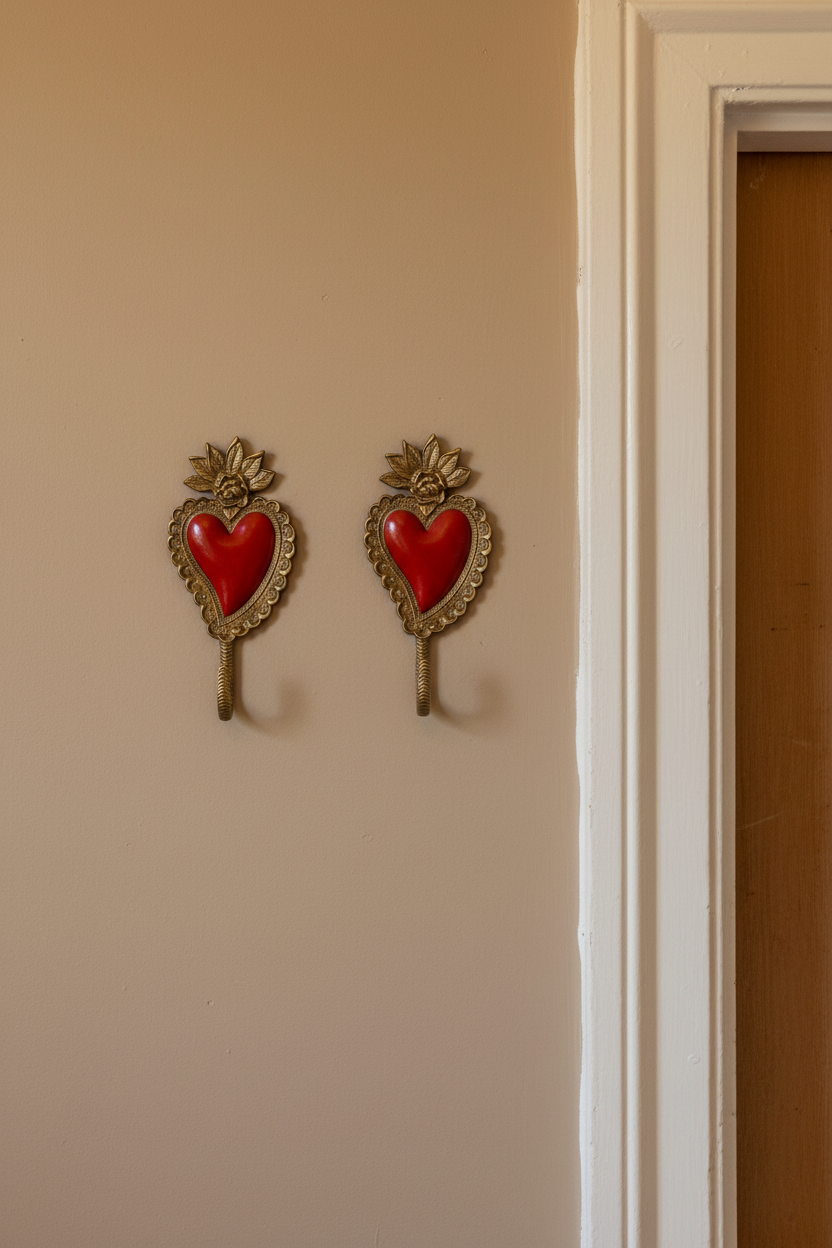 Two matching decorative wall hooks mounted on a beige wall, each featuring an ornate gold-tone heart-shaped frame with a glossy red heart center and a small floral detail above.