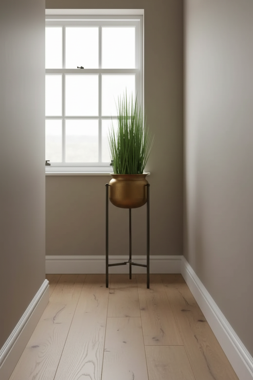 A tall green potted plant in a metallic gold pot on a black metal stand, placed in a minimalist hallway with beige walls and light wood floors.