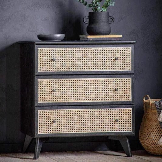 Rattan Fronted Black Art Deco Inspired Chest Of Drawers - The Farthing