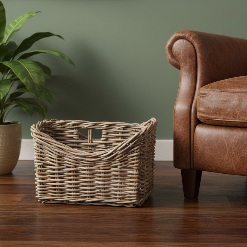 Wicker basket on a wooden floor next to a brown leather armchair against a green wall.