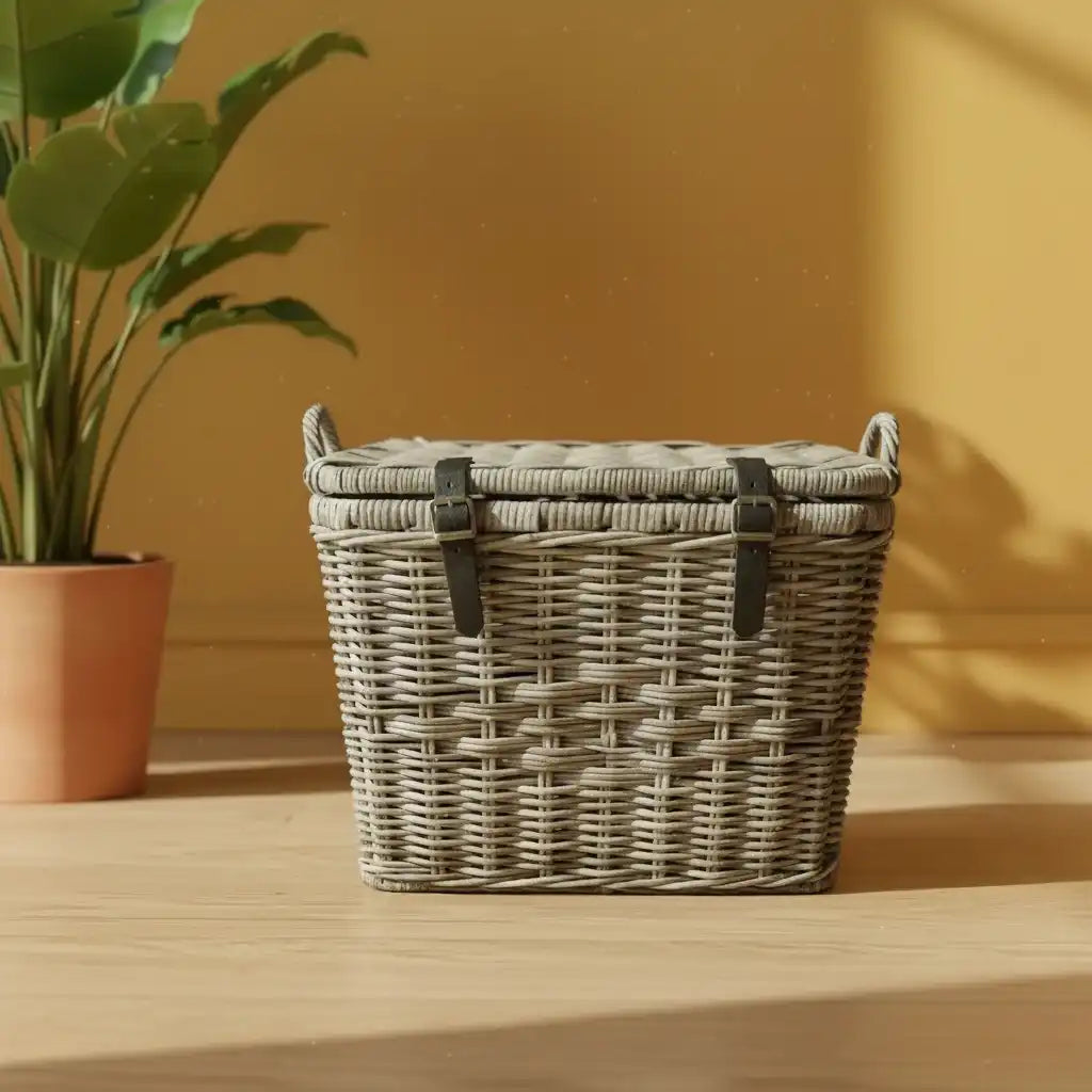 Rectangle Rattan Storage Trunk with Leather Straps