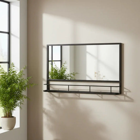 Wall-mounted mirror with shelf against a light wall, next to a window with plants.