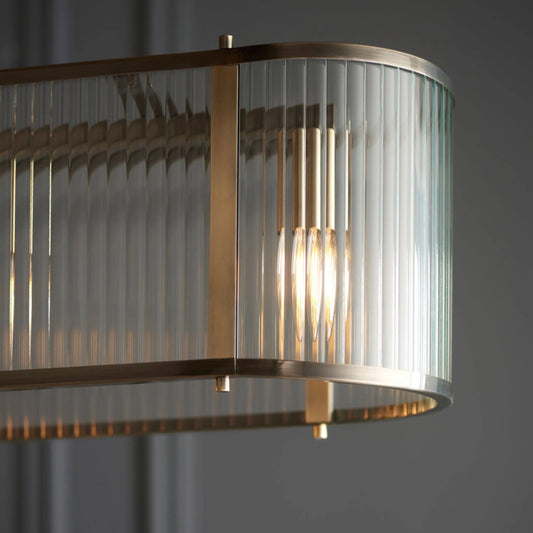 Rectangular Ribbed Glass & Antique Brass Linear Pendant Light - The Farthing