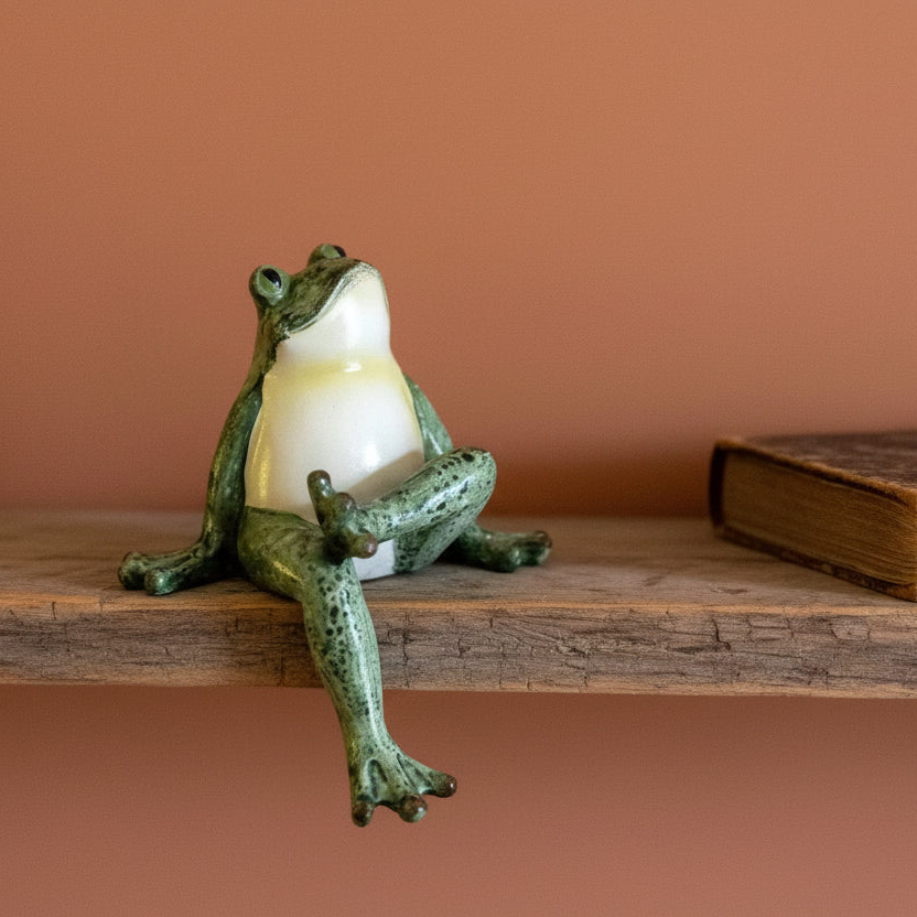 Frog-shaped lamp on a wooden shelf with a brown background