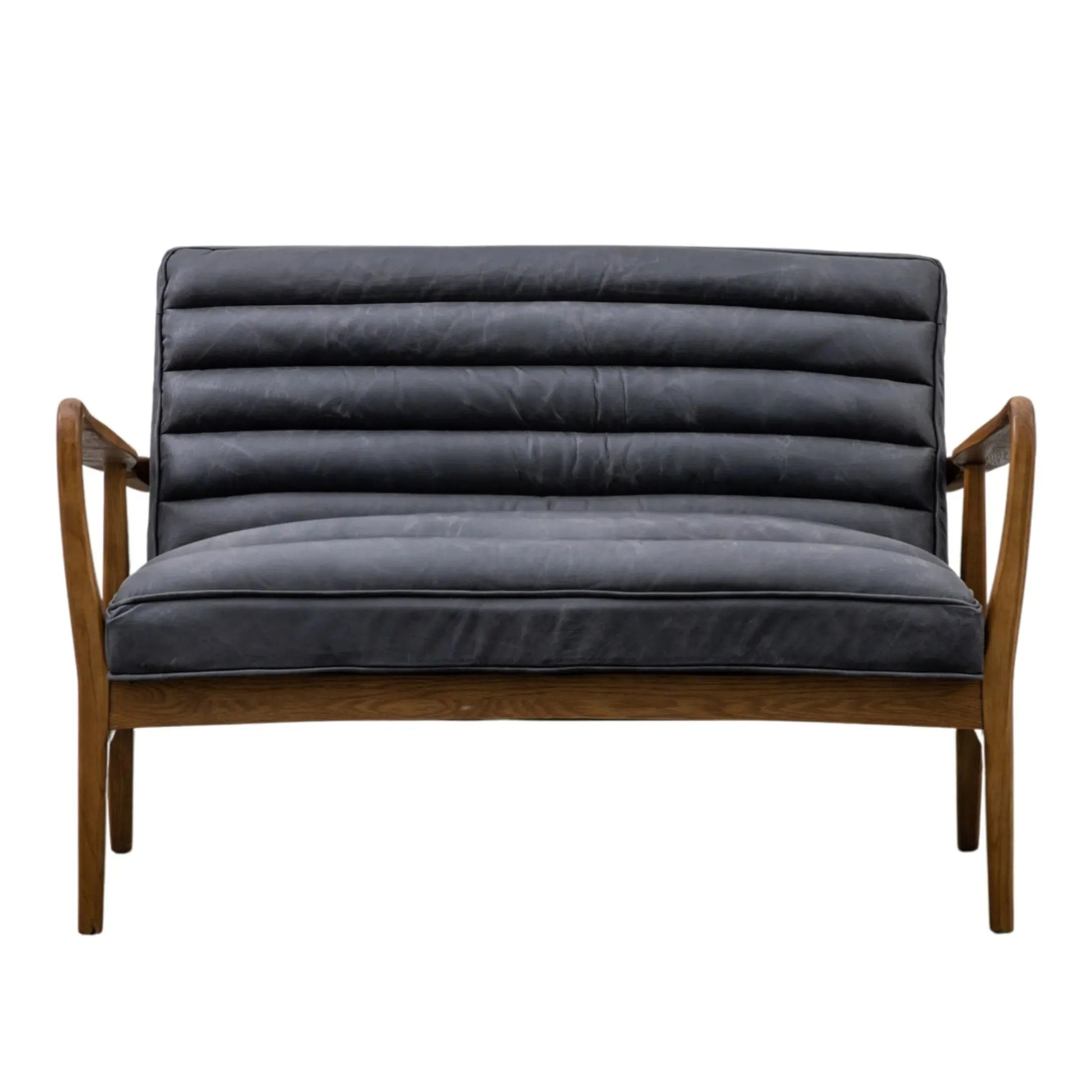 Ribbed Ebony Black Leather Two Seater Armchair - The Farthing