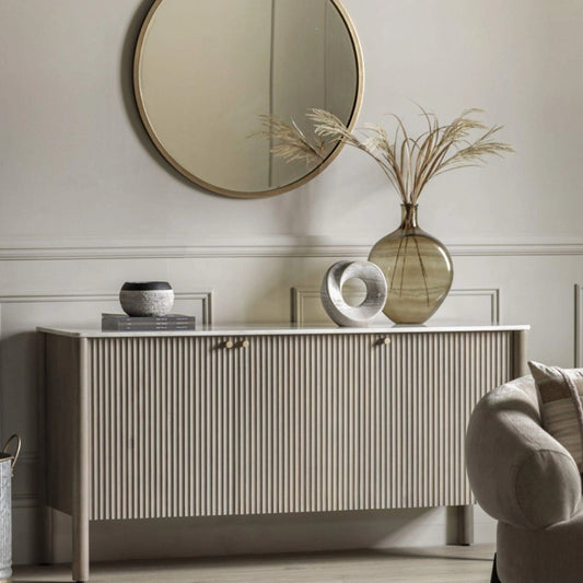 Ribbed Mango Wood & Carrera Marble Top Sideboard - The Farthing