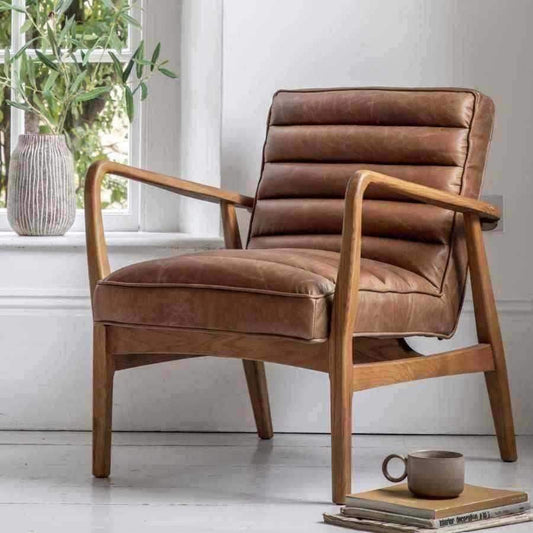 Ribbed Vintage Brown Leather Arm Chair - The Farthing