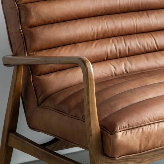 Ribbed Vintage Brown Leather Fabric Two Seater Armchair - The Farthing