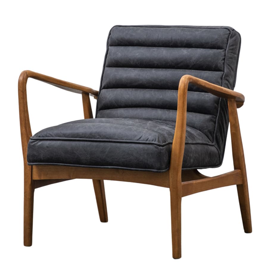 Ribbed Vintage Ebony Black Leather Arm Chair - The Farthing