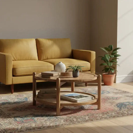 Wooden coffee table with decorative items on a white background