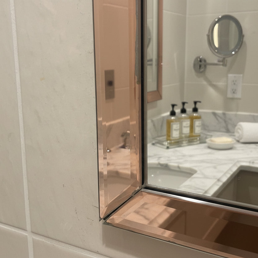 A close-up of a mirror with a metallic rose gold frame installed on a tiled wall, with a hand holding a smartphone visible in the reflection.
