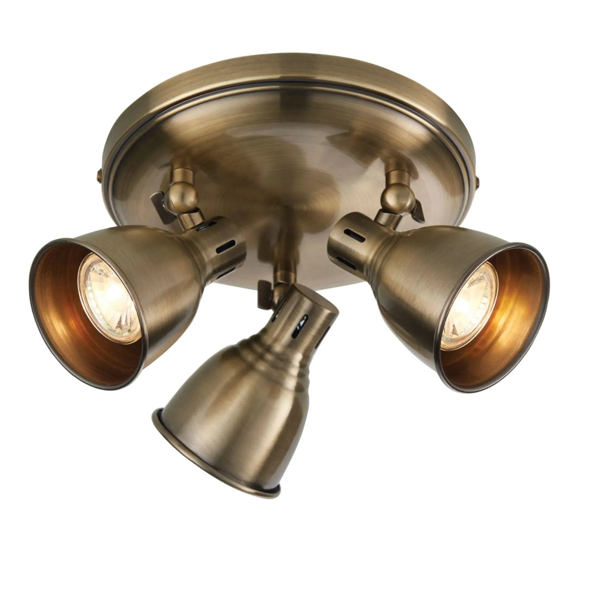 Round Antiqued Brass 3 Spot Ceiling Light - The Farthing