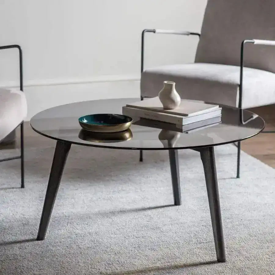 Round Black Oak and Glass Coffee Table