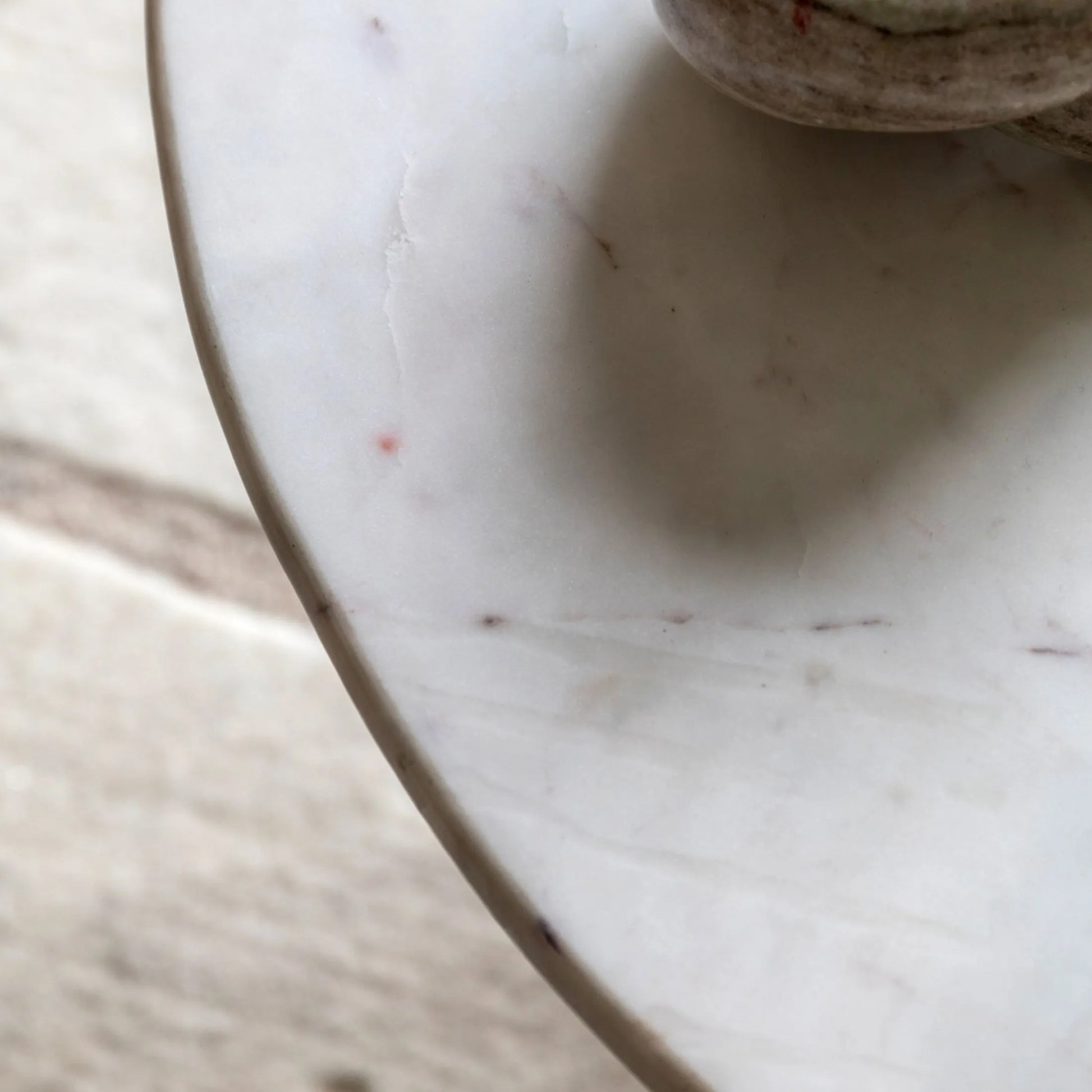 Round Blue Glass Base Marble Topped Coffee Table - The Farthing