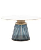 Round Blue Glass Base Marble Topped Coffee Table - The Farthing