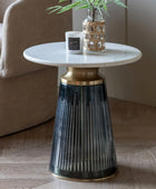 Round Blue Glass Base Marble Topped Side Table - The Farthing