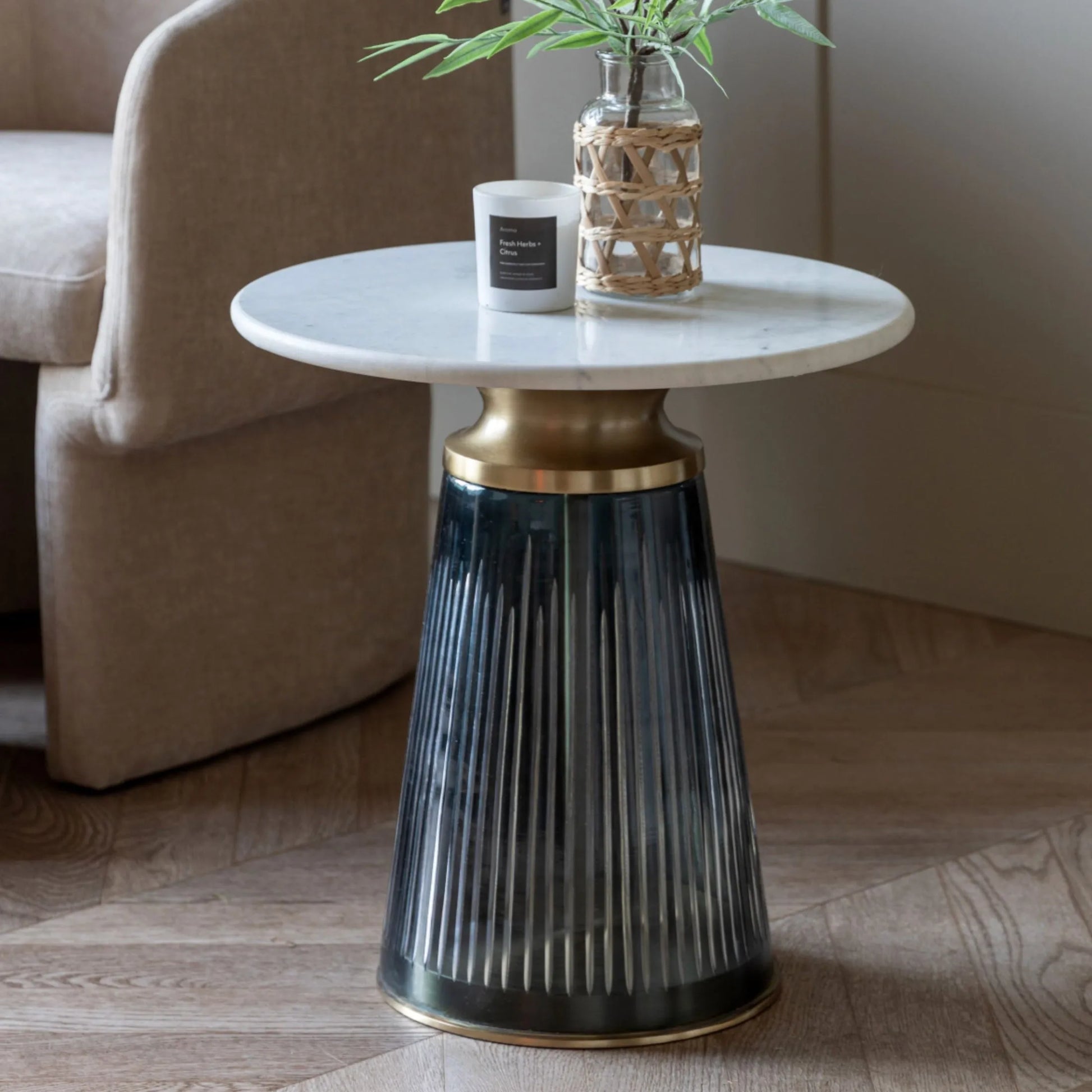 Round Blue Glass Base Marble Topped Side Table - The Farthing