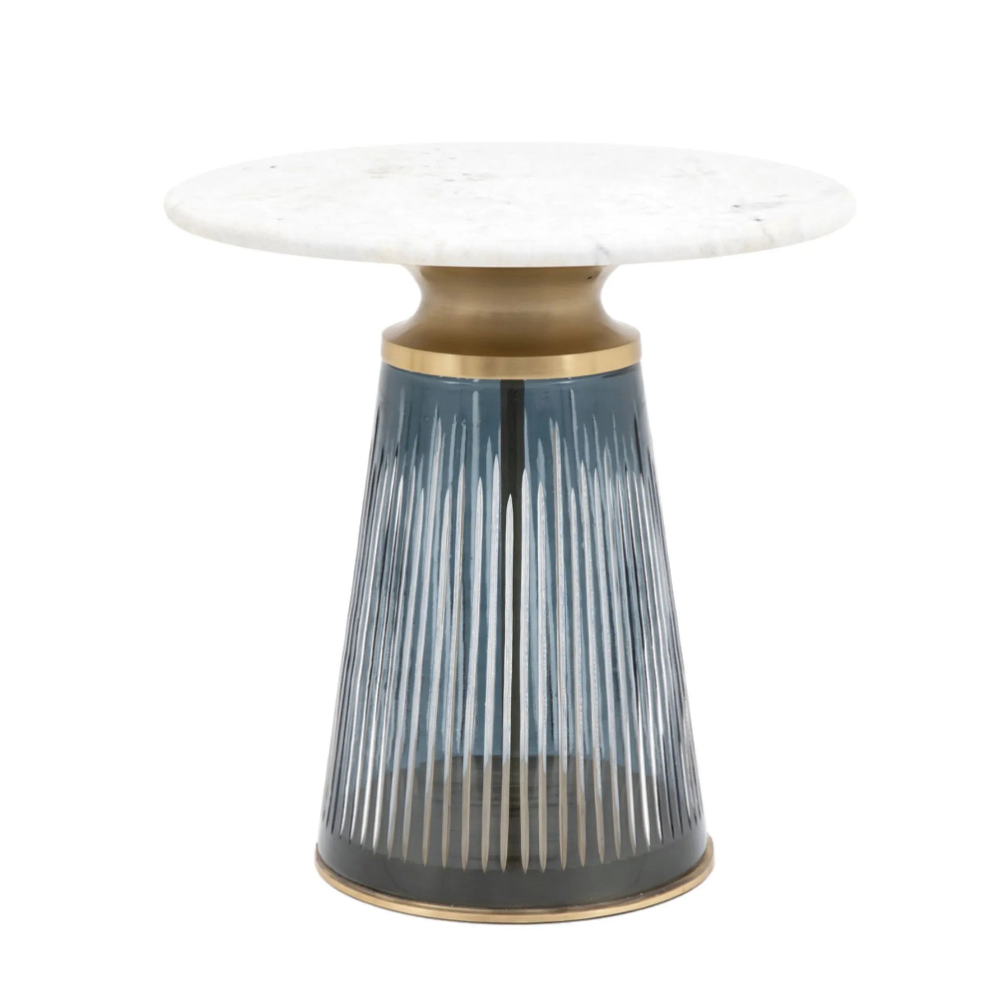 Round Blue Glass Base Marble Topped Side Table - The Farthing