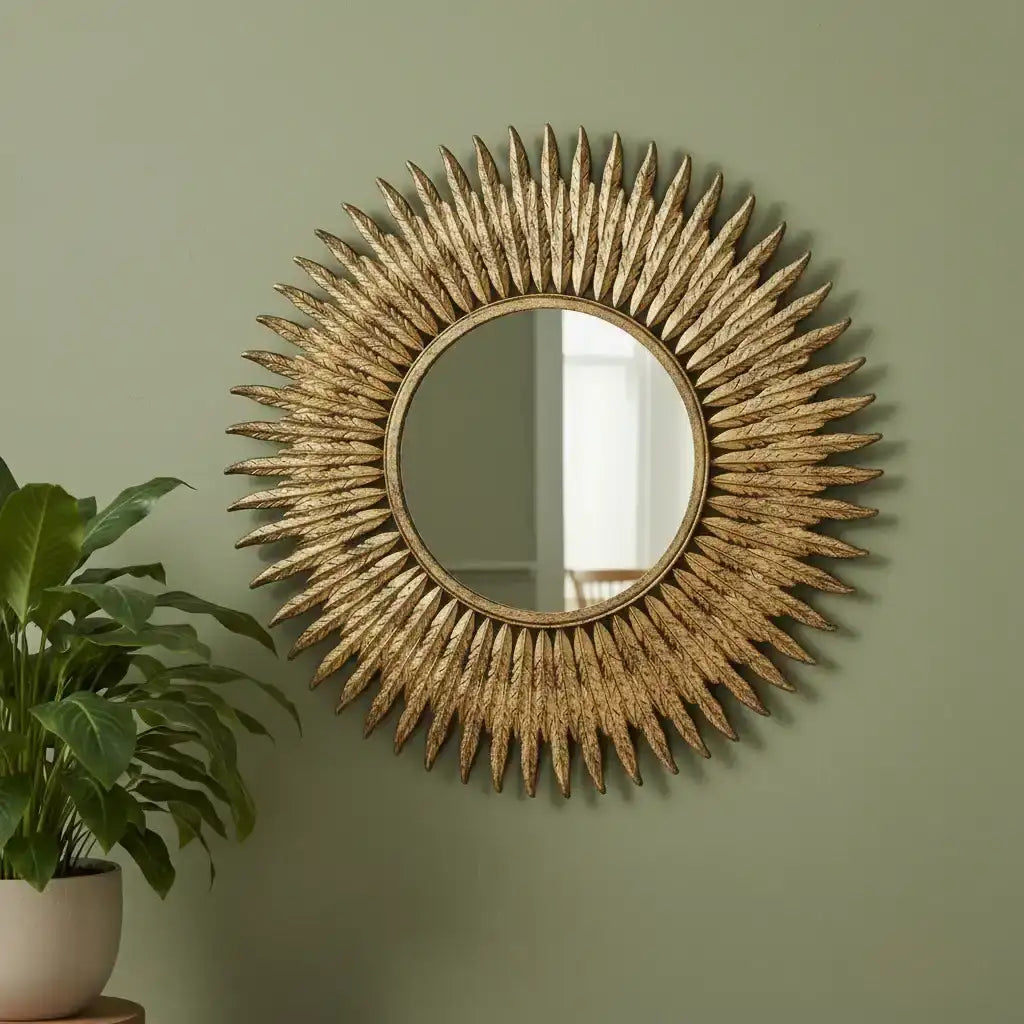 Round Distressed Feather Wall Mirror