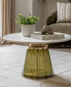 Round Green Glass Base Marble Topped Coffee Table - The Farthing