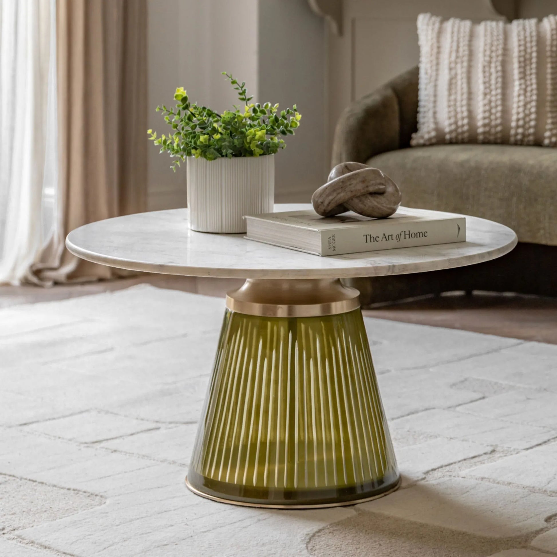 Round Green Glass Base Marble Topped Coffee Table - The Farthing