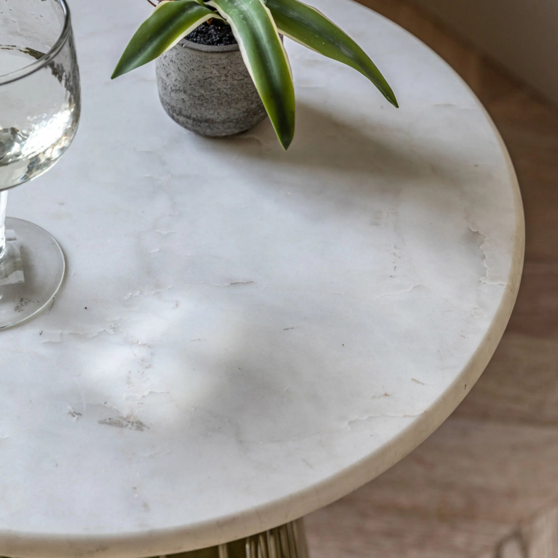 Round Green Glass Base Marble Topped Side Table - The Farthing