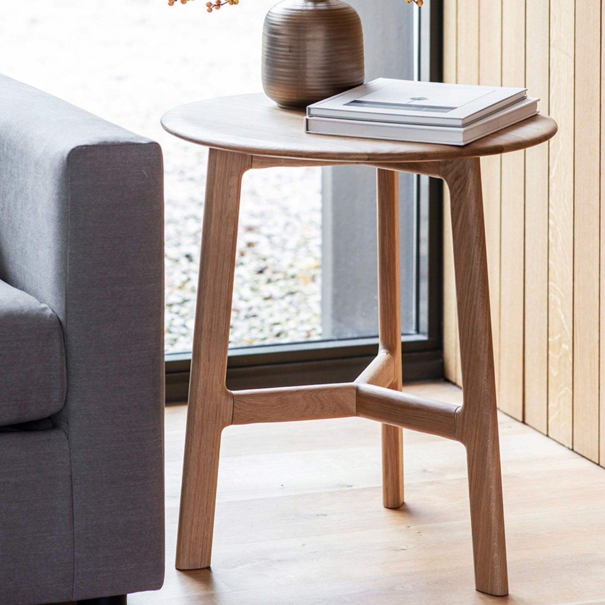 Round Mid Century Styled Oak Side Table - The Farthing