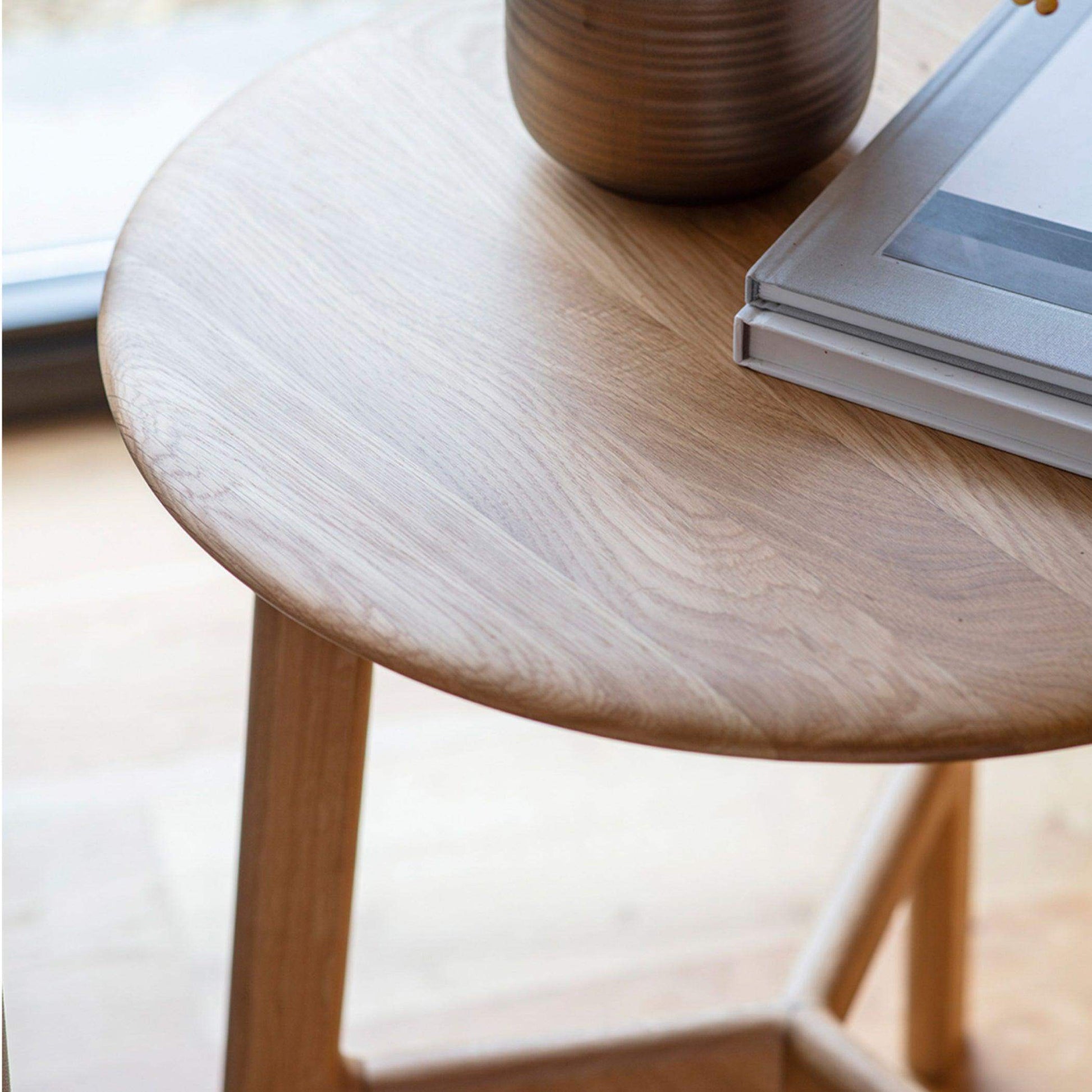 Round Mid Century Styled Oak Side Table - The Farthing