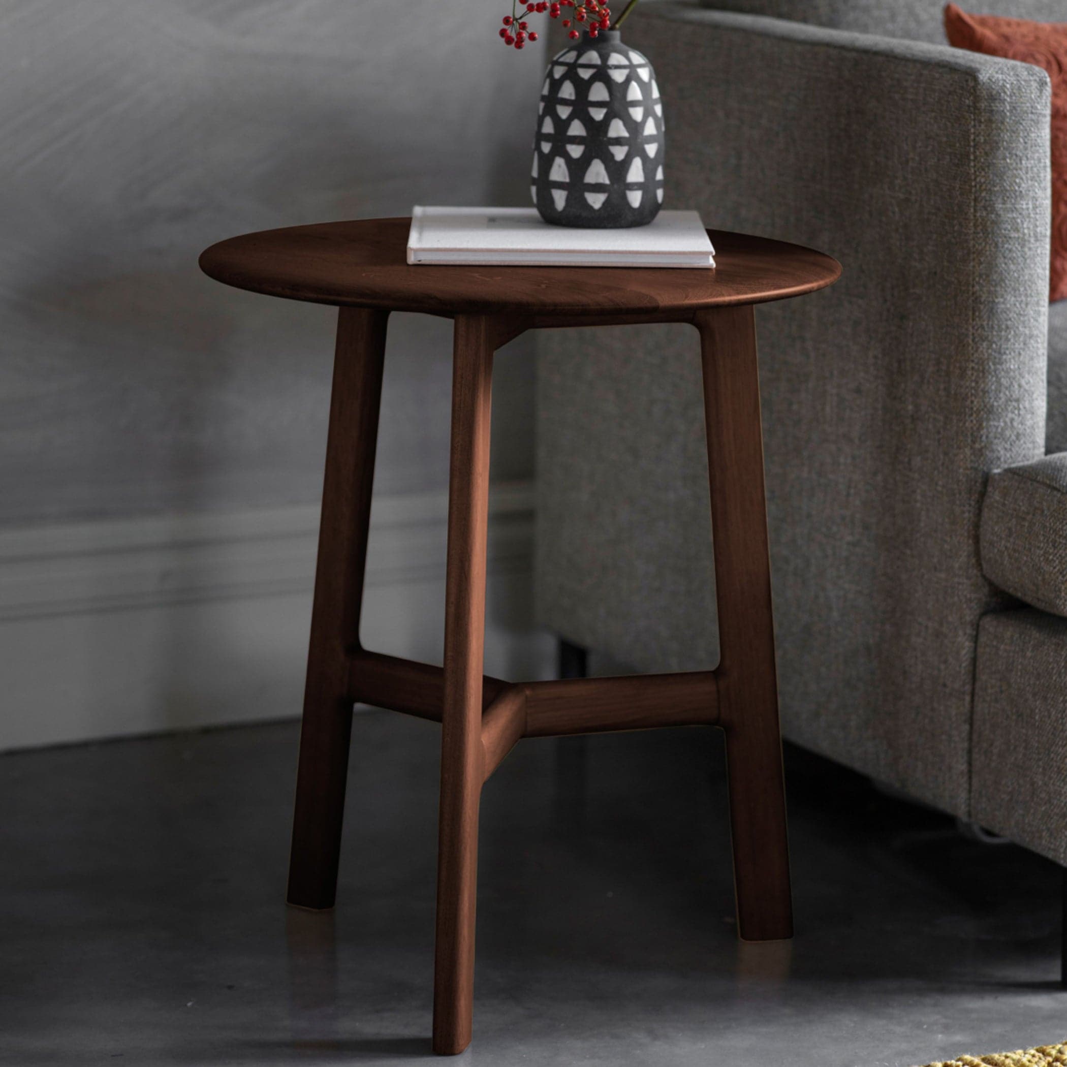 Round Mid Century Styled Walnut Side Table - The Farthing