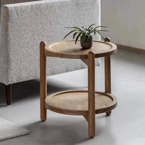 Round Rich Mango Wood & Cane Shelf Side Table