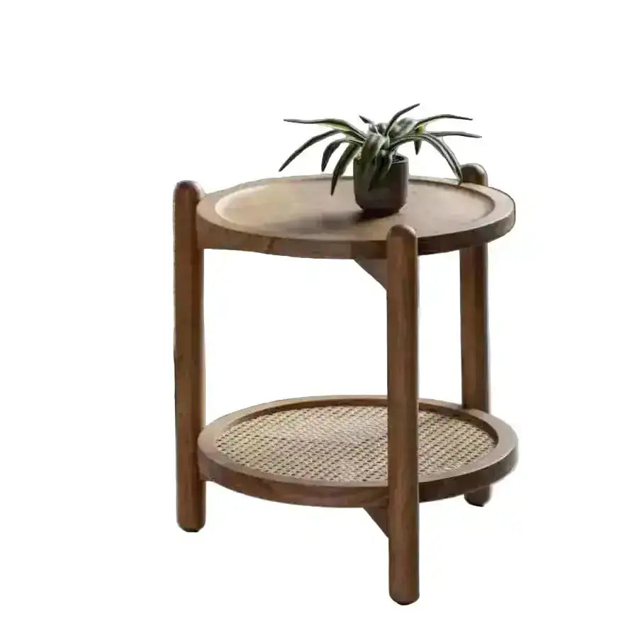 Round Rich Mango Wood & Cane Shelf Side Table
