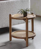 Round Rich Mango Wood & Cane Shelf Side Table - The Farthing