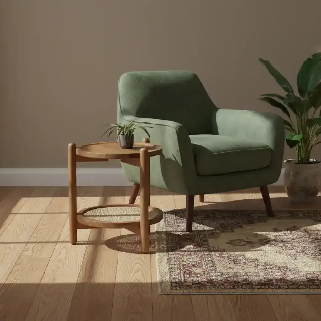 Green armchair with a wooden side table in a room with a brown wall and wooden floor.