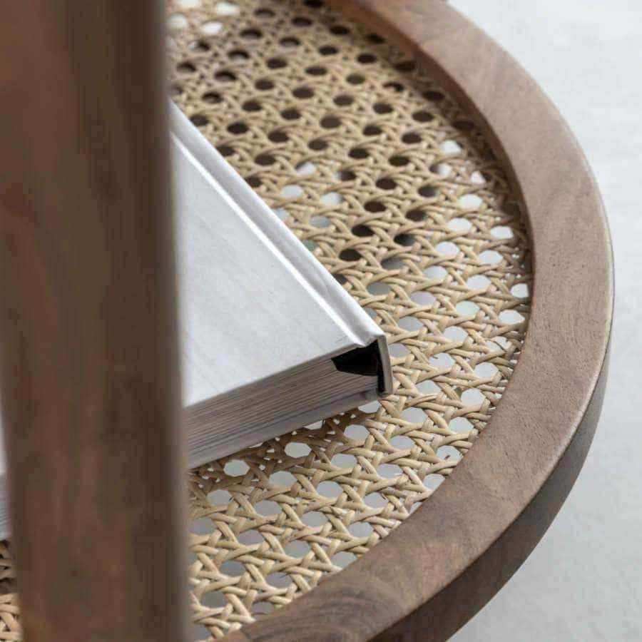 Round Rich Mango Wood & Cane Shelf Side Table - The Farthing