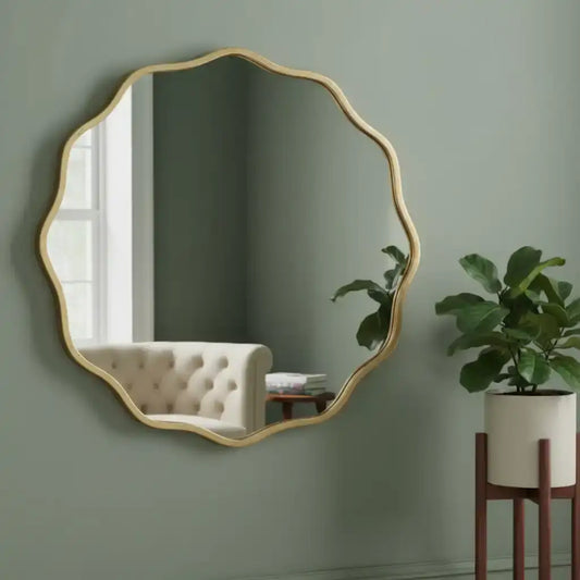 Decorative wall mirror with a gold frame on a green wall, next to a plant and a tufted chair.