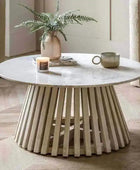 Round Sloping Slatted Wood & Marble Top Coffee Table - The Farthing