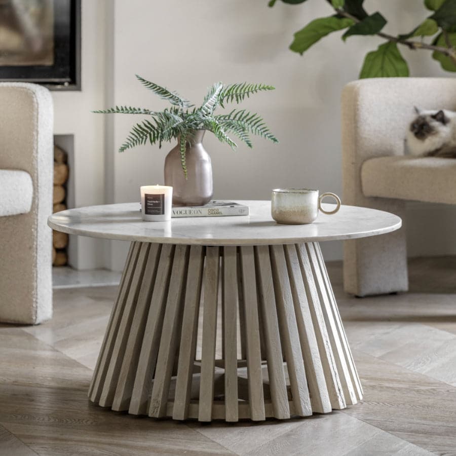 Round Sloping Slatted Wood & Marble Top Coffee Table - The Farthing