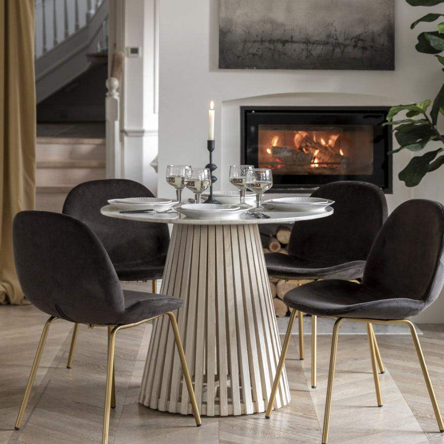 Round Sloping Slatted Wood & Marble Top Dining Table | The Farthing