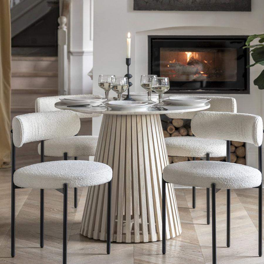 Round Sloping Slatted Wood & Marble Top Dining Table