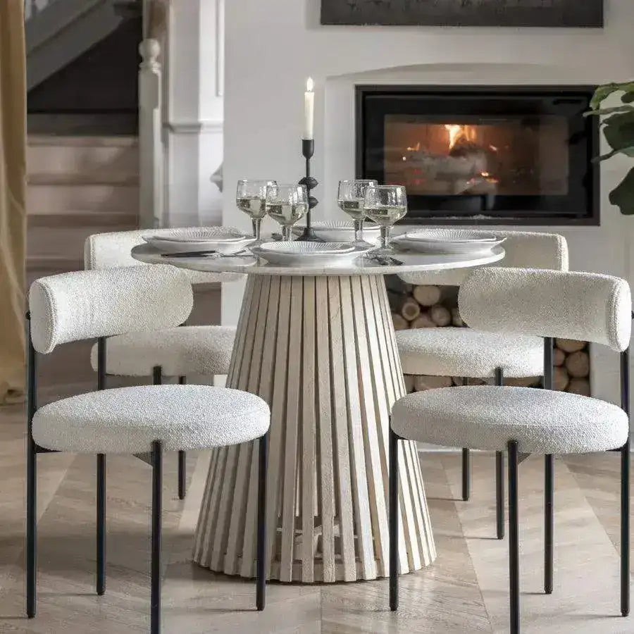 Round Sloping Slatted Wood & Marble Top Dining Table | Farthing