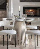 Round Sloping Slatted Wood & Marble Top Dining Table - The Farthing