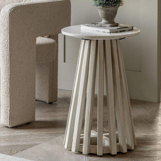 Round Sloping Slatted Wood & Marble Top Side Table - The Farthing