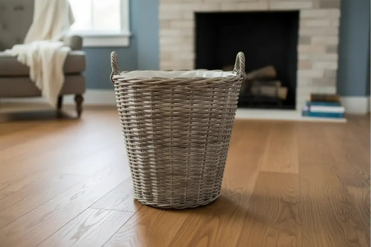 Wicker laundry basket on a wooden floor with a blurred background of a living room.