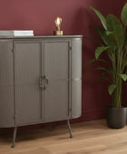 Gray cabinet with a plant and books against a red wall