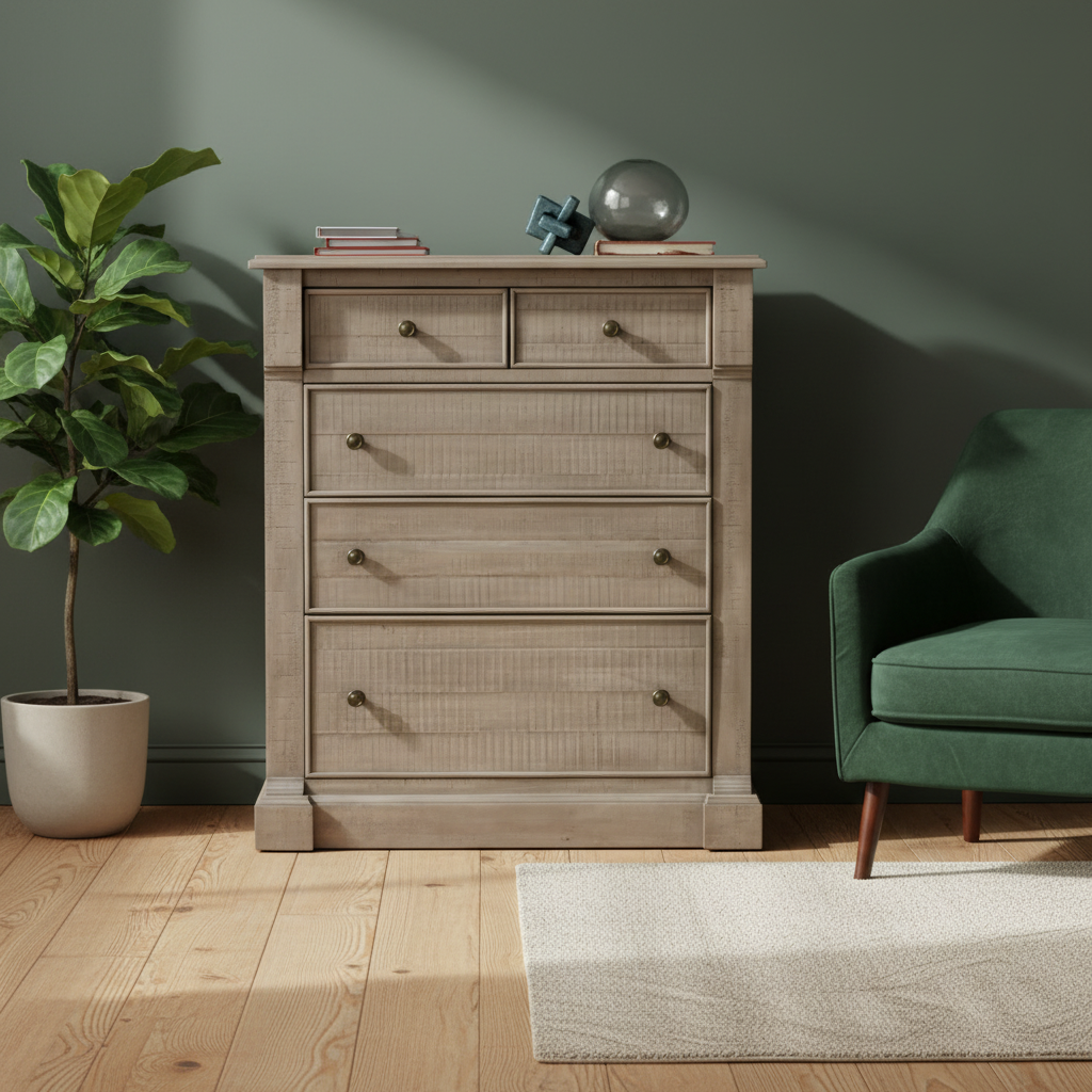 Wooden dresser with decorative items in a room with a green wall, plant, and green sofa.