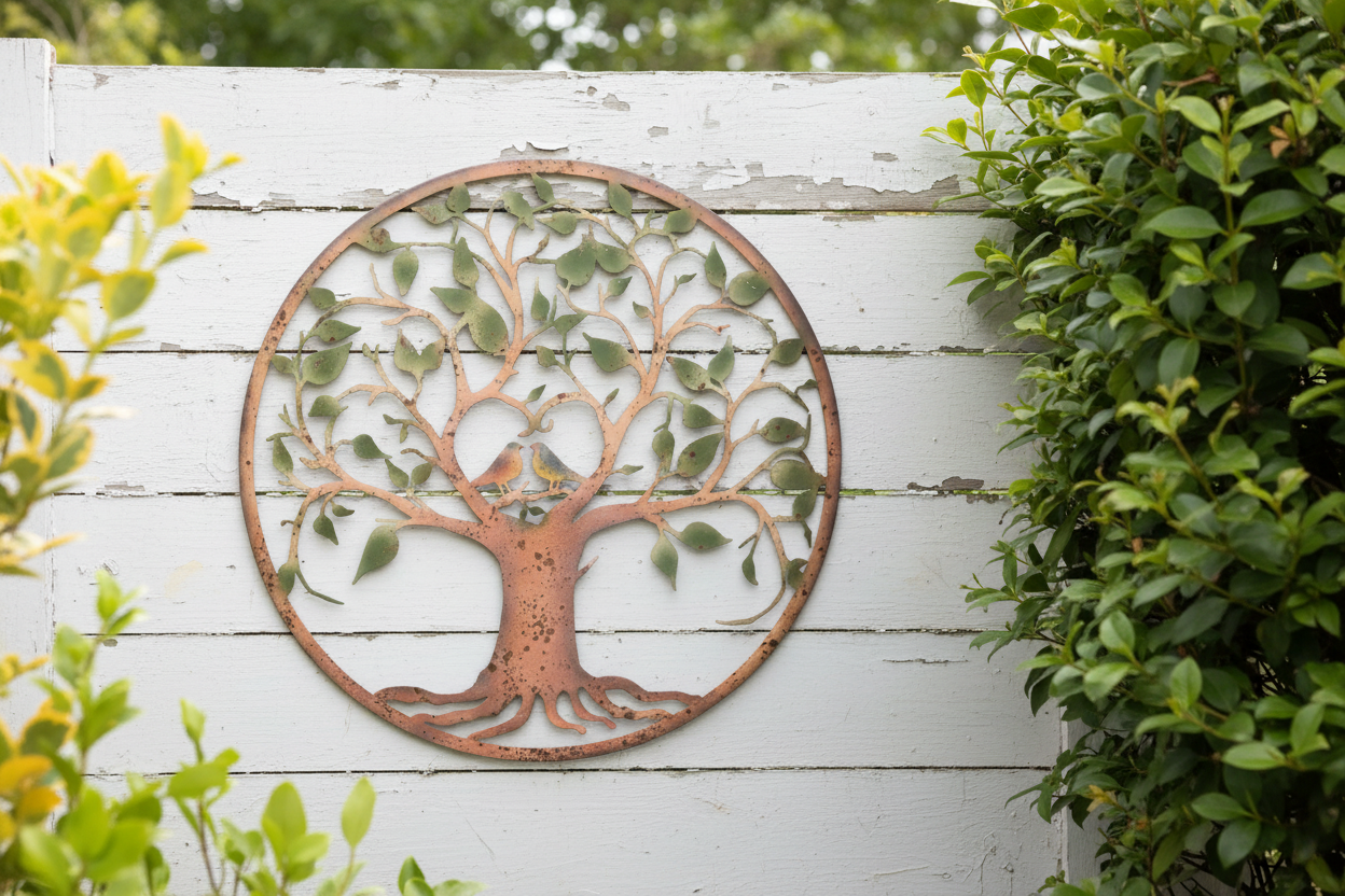 Decorative metal tree wall art on a white wooden fence with greenery.