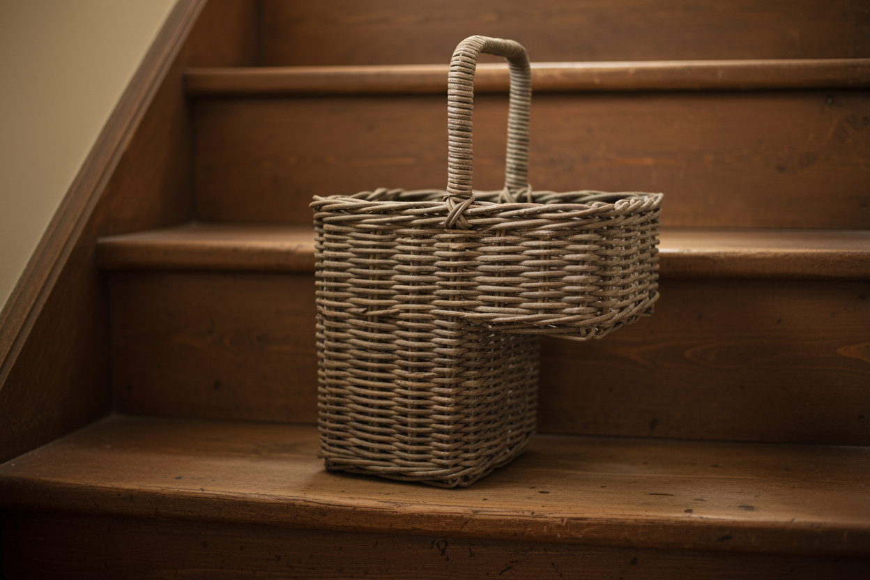 Wicker baskets on a wooden staircase