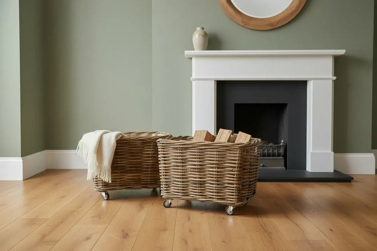 Two wicker baskets on wheels in a room with a fireplace and green walls.