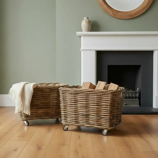 Wicker baskets on wheels in a room with a fireplace and mirror.